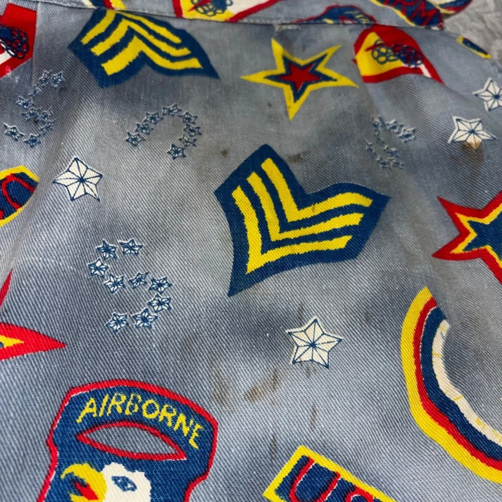1960s Vintage Patriotic Military Print Half Apron Blue Twill Americana